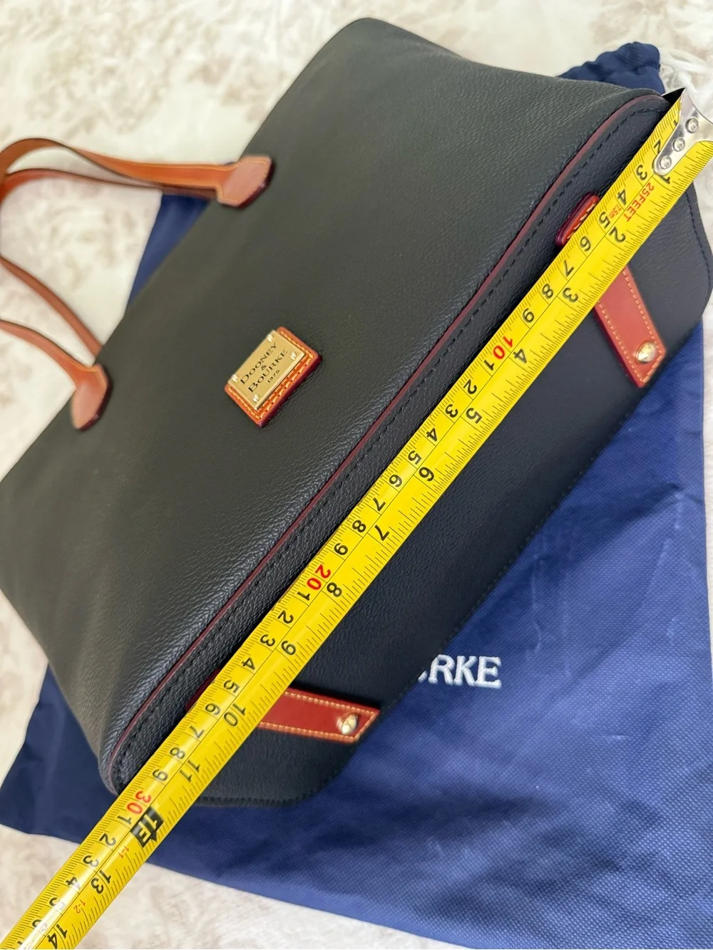 Dooney & Bourke Black Pebble Grain Leather Tote Brown Trim Large Shoulder Bag